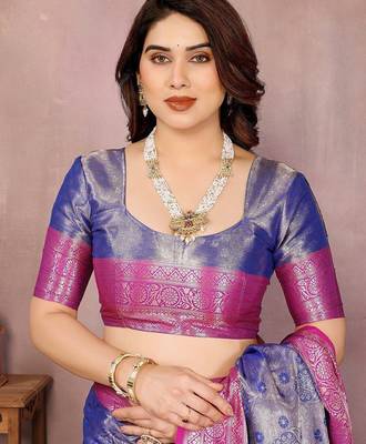 Blue silk blend woven zari work saree with blouse 5
