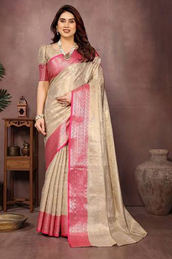 Beige silk blend woven zari work saree with blouse