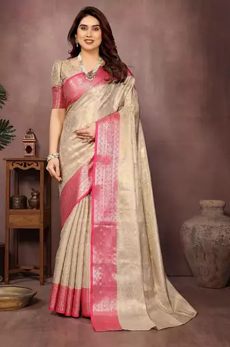 Beige silk blend woven zari work saree with blouse
