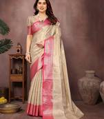 Beige silk blend woven zari work saree with blouse