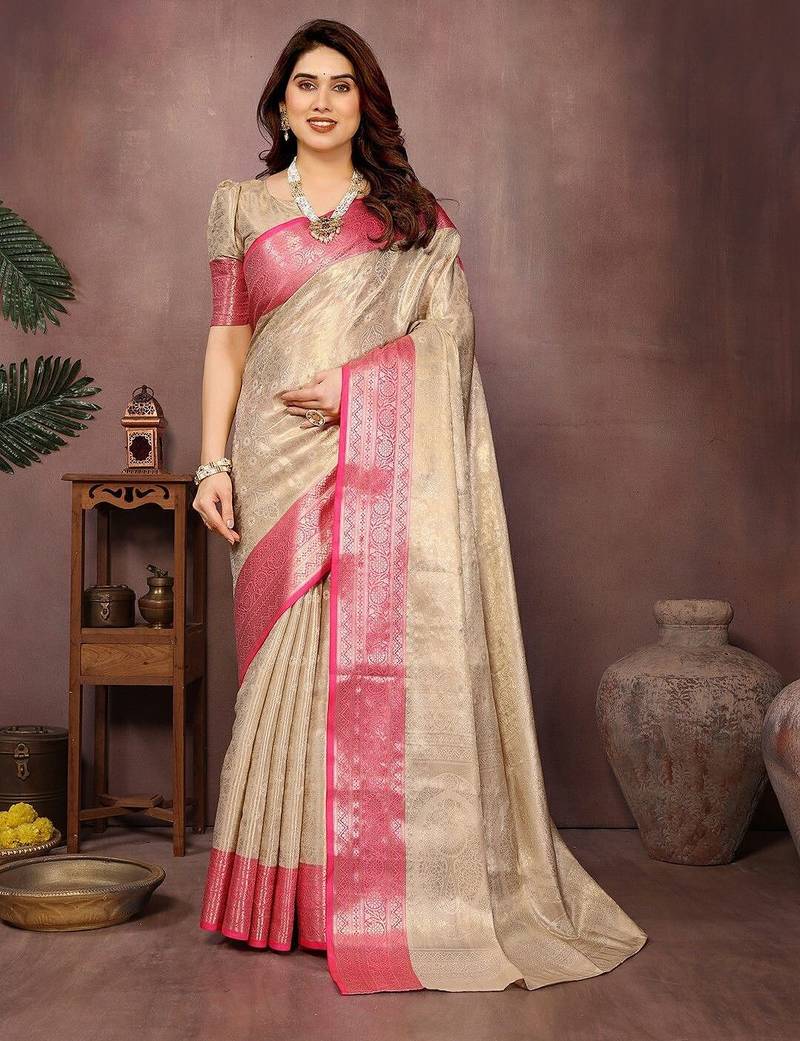 Beige silk blend woven zari work saree with blouse