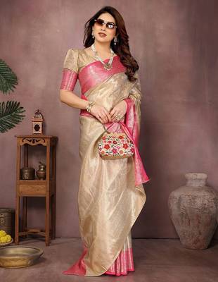 Beige silk blend woven zari work saree with blouse 2