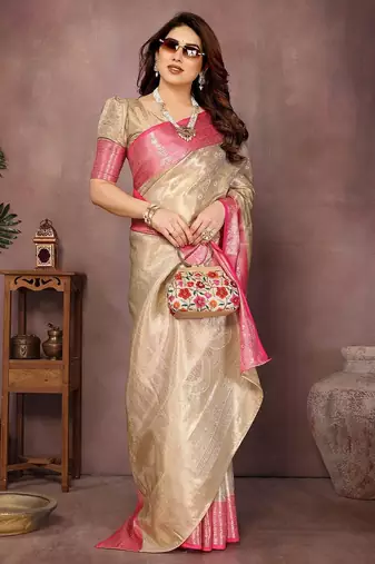 Beige silk blend woven zari work saree with blouse