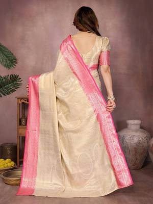 Beige silk blend woven zari work saree with blouse 3