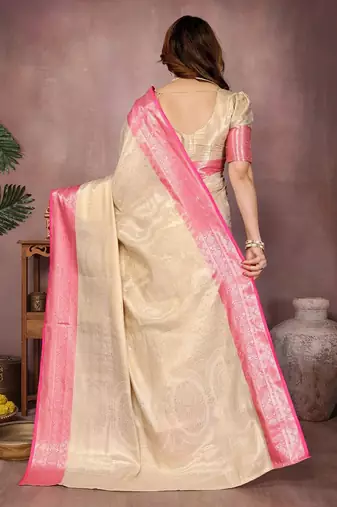 Beige silk blend woven zari work saree with blouse