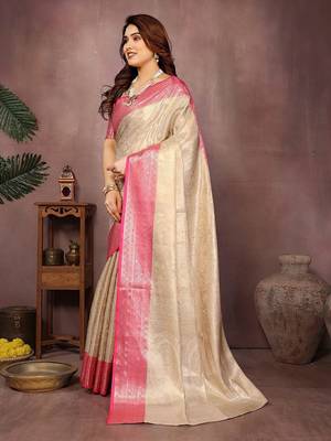 Beige silk blend woven zari work saree with blouse 4