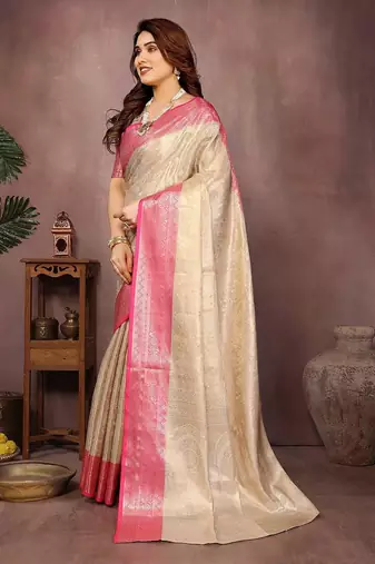 Beige silk blend woven zari work saree with blouse