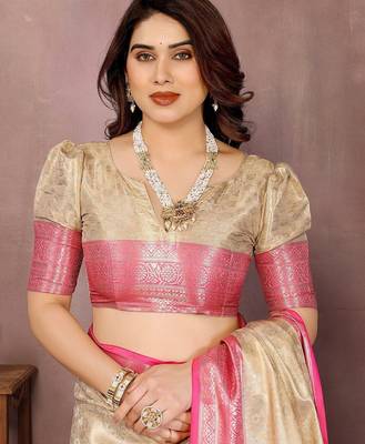 Beige silk blend woven zari work saree with blouse 5