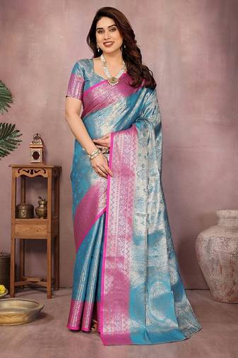 Light blue silk blend woven zari work saree with blouse
