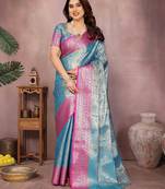 Light blue silk blend woven zari work saree with blouse