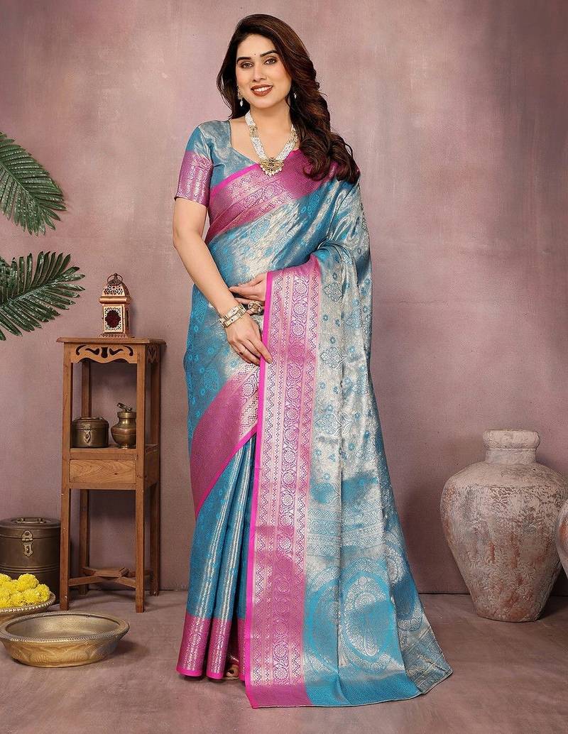 Light blue silk blend woven zari work saree with blouse