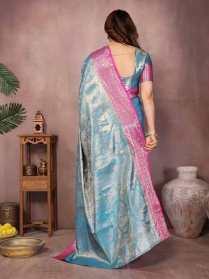 Light blue silk blend woven zari work saree with blouse 2