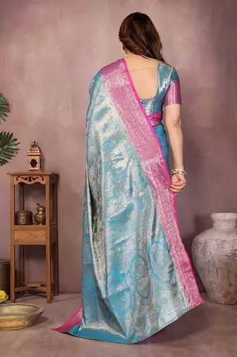 Light blue silk blend woven zari work saree with blouse