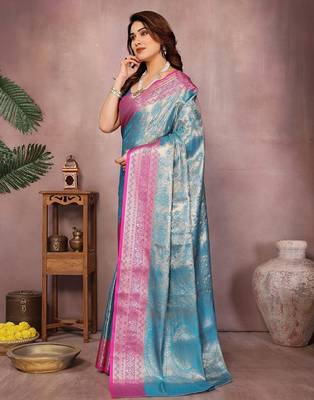 Light blue silk blend woven zari work saree with blouse 3