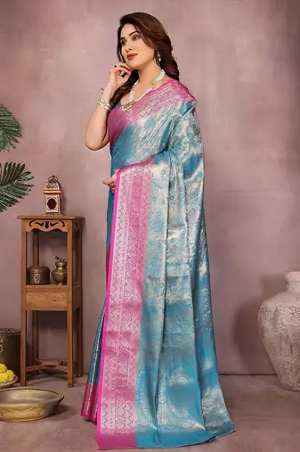 Light blue silk blend woven zari work saree with blouse