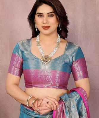 Light blue silk blend woven zari work saree with blouse 4