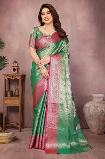 Green silk blend woven zari work saree with blouse