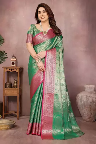 Green silk blend woven zari work saree with blouse