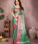 Green silk blend woven zari work saree with blouse