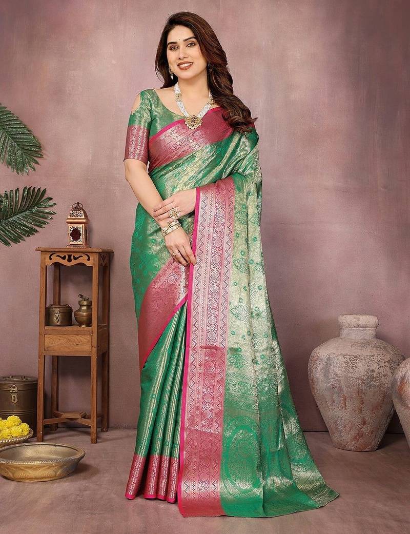 Green silk blend woven zari work saree with blouse