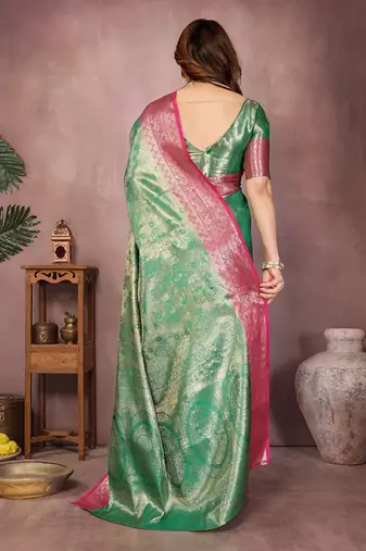 Green silk blend woven zari work saree with blouse