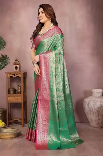 Green silk blend woven zari work saree with blouse