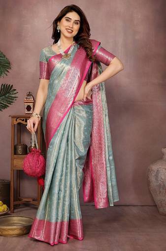 Light blue silk blend woven zari work saree with blouse