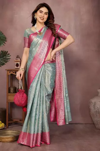 Light blue silk blend woven zari work saree with blouse