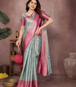 Light blue silk blend woven zari work saree with blouse