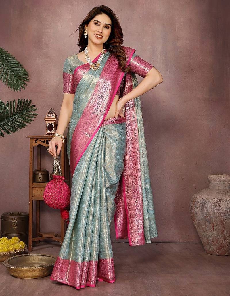 Light blue silk blend woven zari work saree with blouse