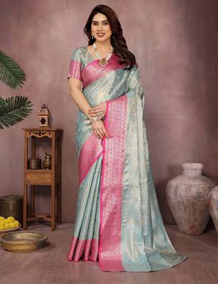 Light blue silk blend woven zari work saree with blouse 2