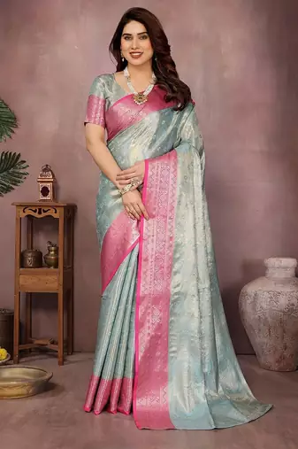 Light blue silk blend woven zari work saree with blouse