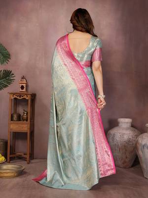 Light blue silk blend woven zari work saree with blouse 3