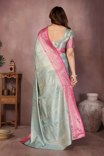 Light blue silk blend woven zari work saree with blouse