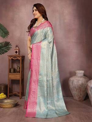 Light blue silk blend woven zari work saree with blouse 4