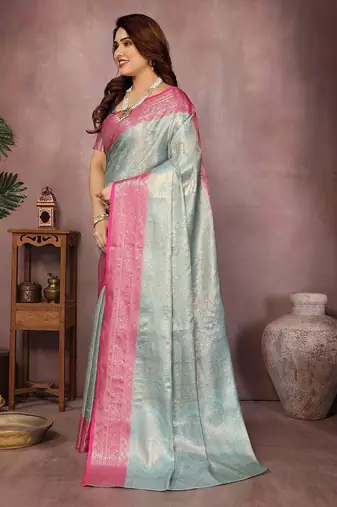 Light blue silk blend woven zari work saree with blouse