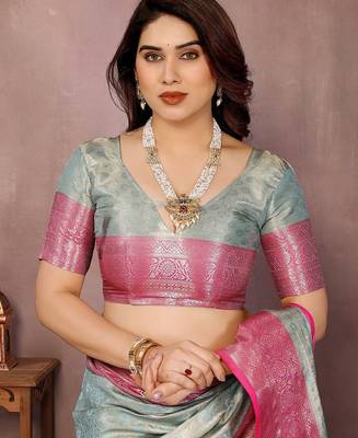 Light blue silk blend woven zari work saree with blouse 5
