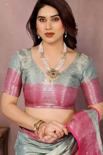 Light blue silk blend woven zari work saree with blouse