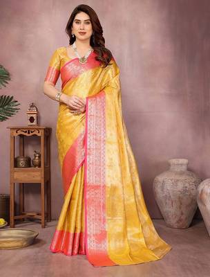 Yellow silk blend woven zari work saree with blouse 1