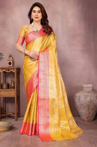 Yellow silk blend woven zari work saree with blouse