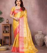 Yellow silk blend woven zari work saree with blouse