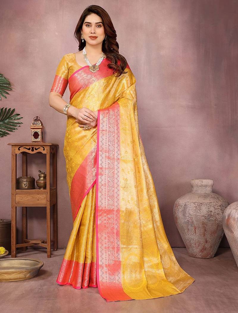 Yellow silk blend woven zari work saree with blouse