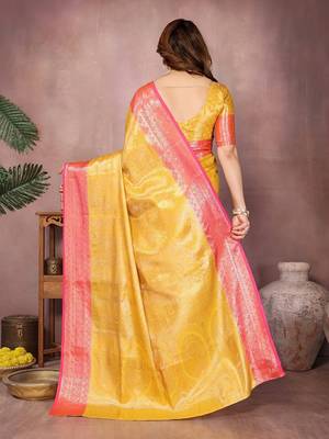 Yellow silk blend woven zari work saree with blouse 2