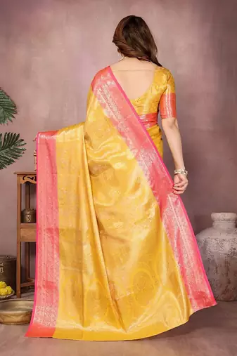 Yellow silk blend woven zari work saree with blouse