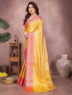 Yellow silk blend woven zari work saree with blouse 3