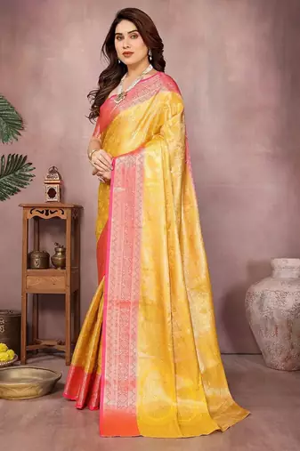 Yellow silk blend woven zari work saree with blouse