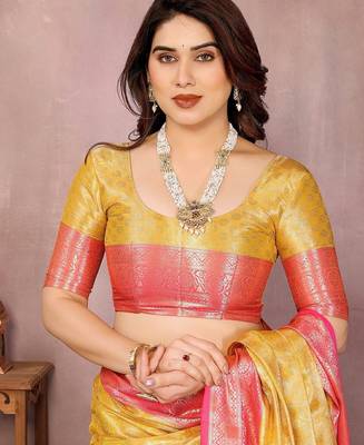 Yellow silk blend woven zari work saree with blouse 4