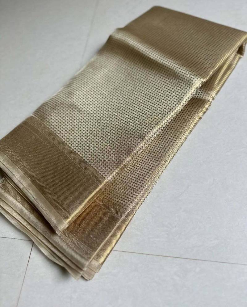 Beige tissue woven zari work saree with blouse