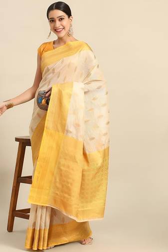 Cream gold tissue woven zari work saree with blouse