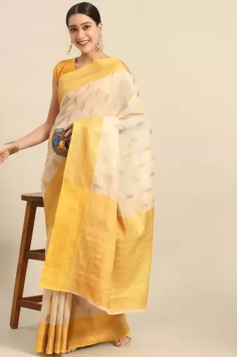 Cream gold tissue woven zari work saree with blouse